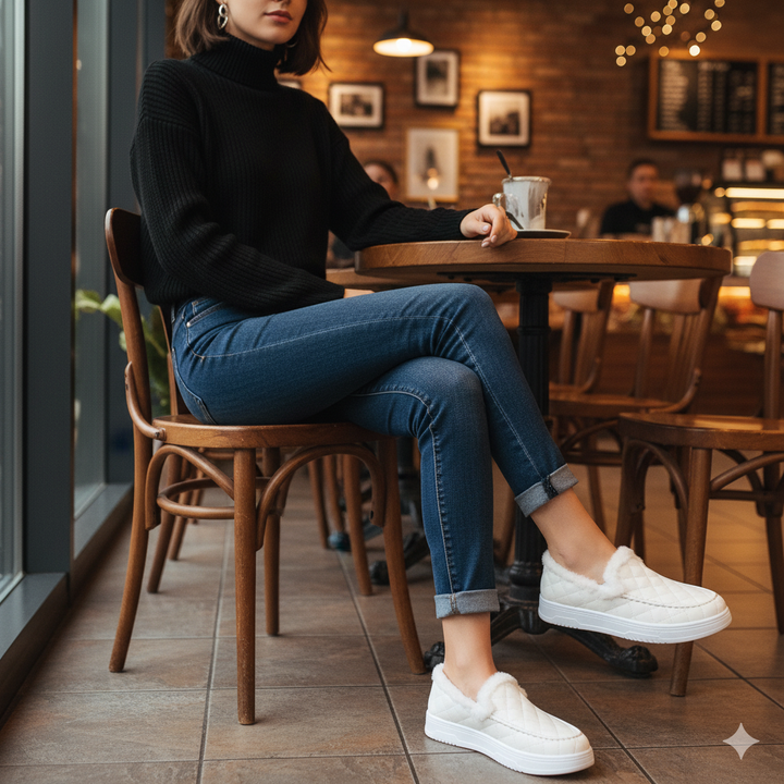 Woman sitting at a table in a cozy café, wearing a black sweater, blue jeans, and white sneakers.