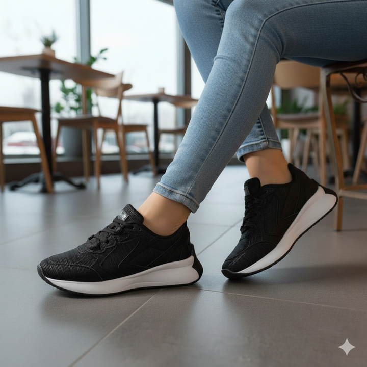 Person wearing black sneakers with white soles in a casual setting.