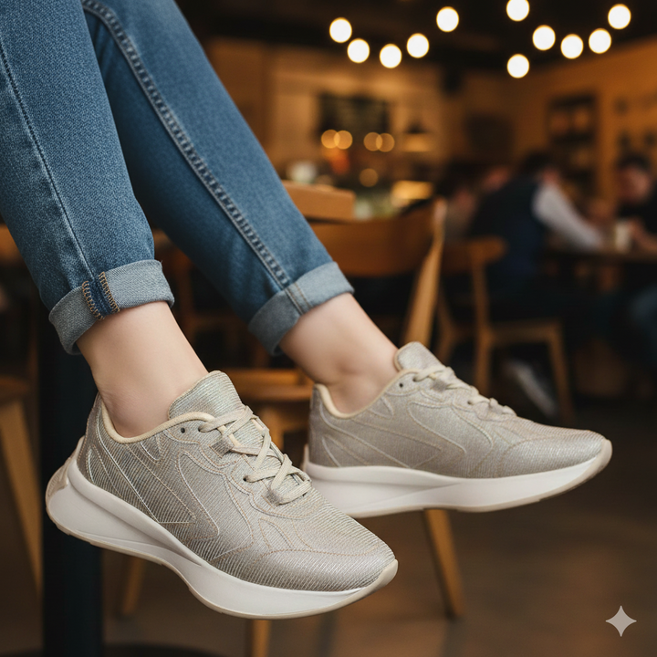 Beige sneakers worn with rolled-up jeans in a casual setting