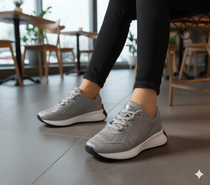 Person wearing gray sneakers in a casual setting with tables and chairs.