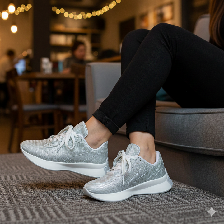 Person wearing light gray sneakers in a casual indoor setting