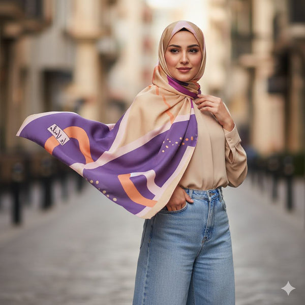 Woman wearing a colorful scarf with a blurred city street background