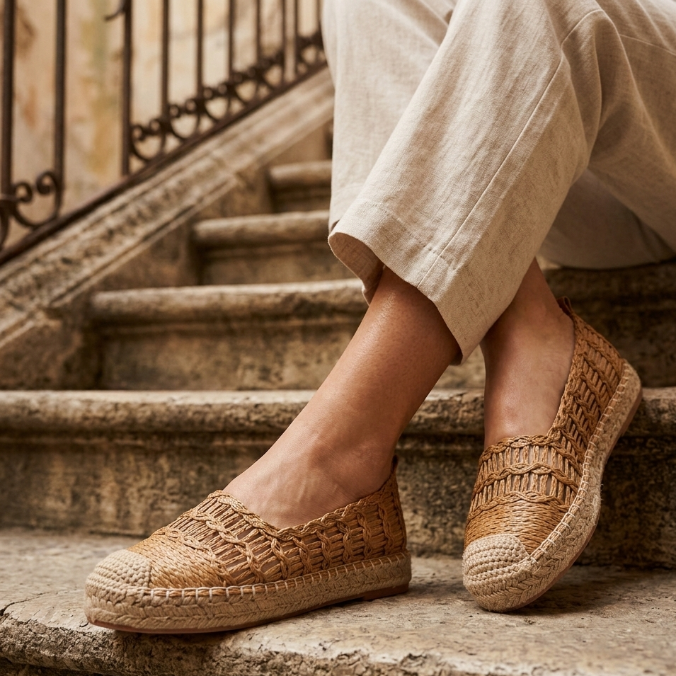 Person wearing woven shoes on stone steps
