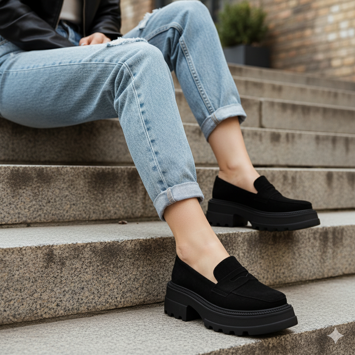 Person wearing black platform shoes and light blue jeans sitting on steps.