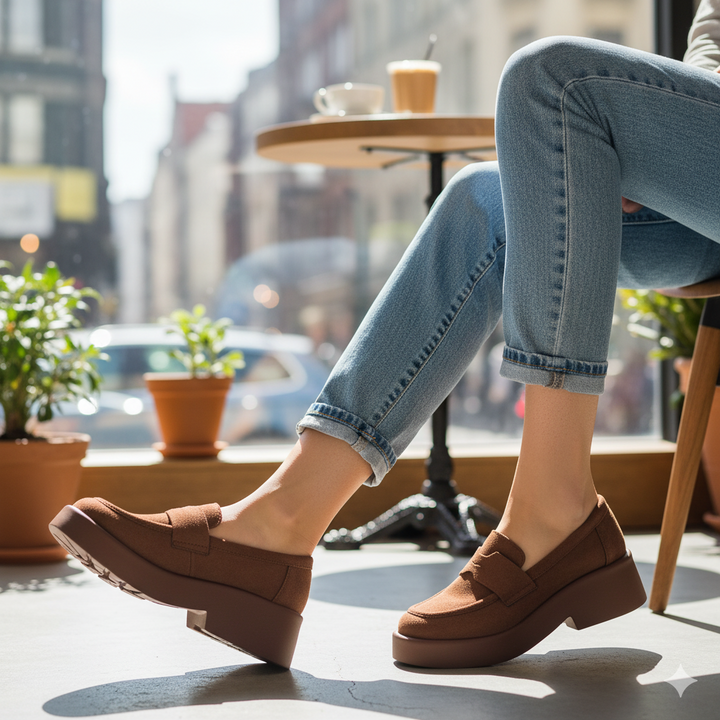 Person wearing brown loafers and blue jeans sitting in a cafe.