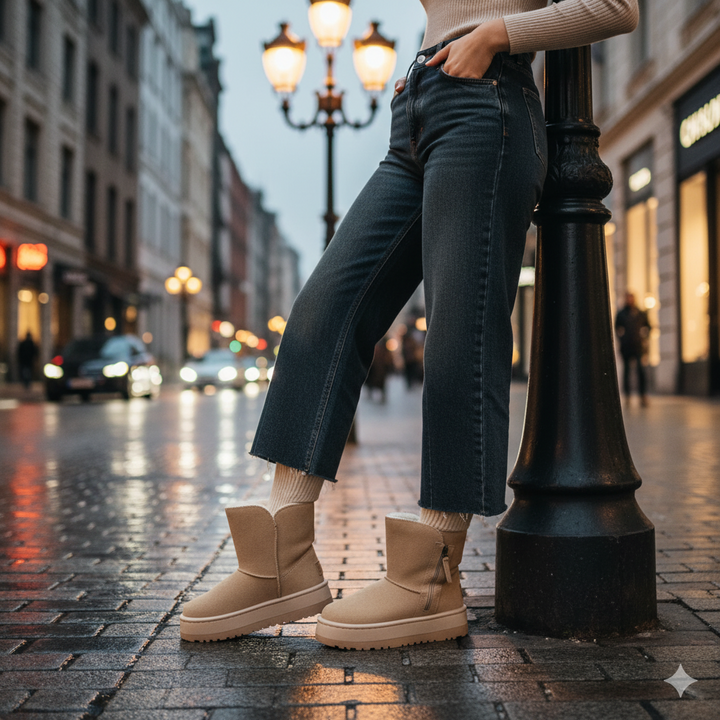 Person wearing beige boots on a city street at night.