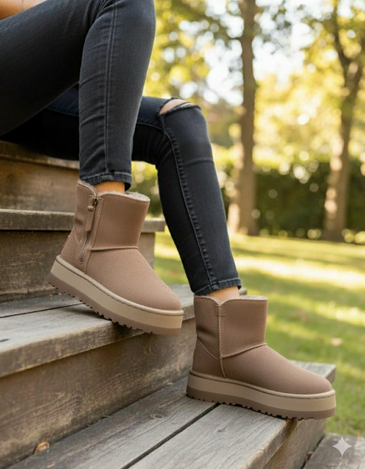 Person wearing beige boots on wooden steps with a blurred natural background