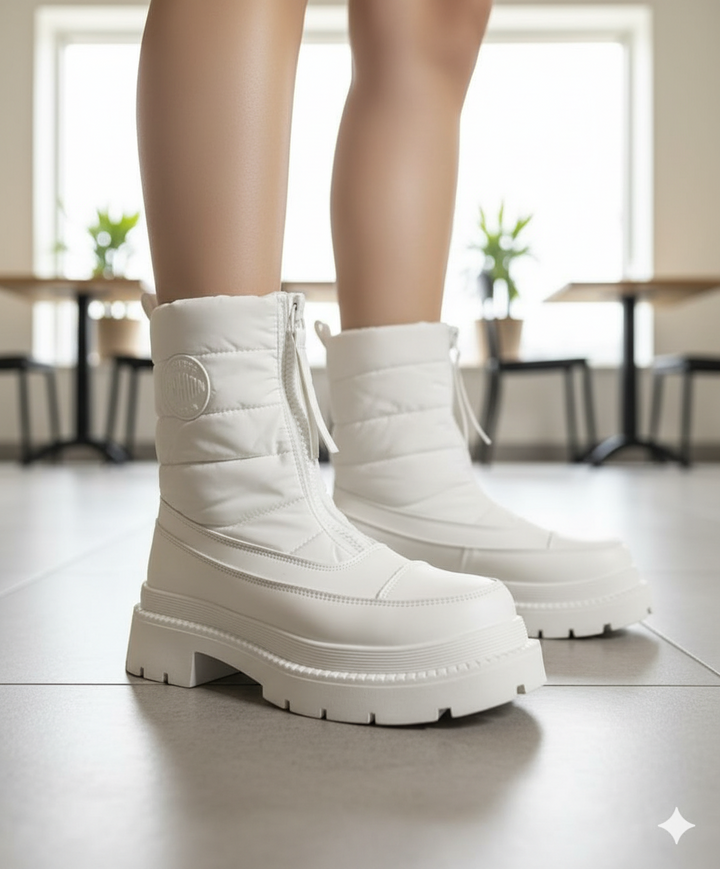 White quilted boots worn indoors with a neutral background