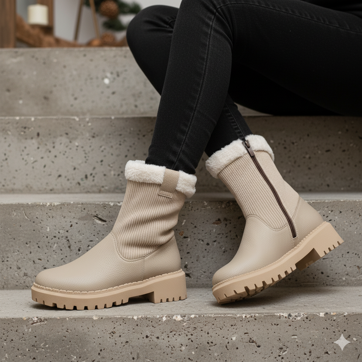 Beige winter boots with white fur lining worn by a person sitting on concrete steps.