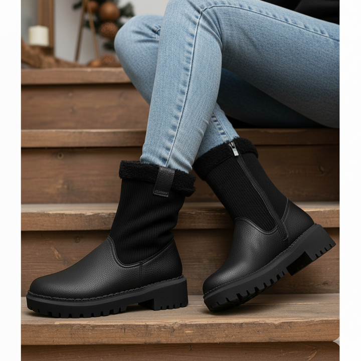 Person wearing black Chelsea boots and light blue jeans sitting on wooden steps.