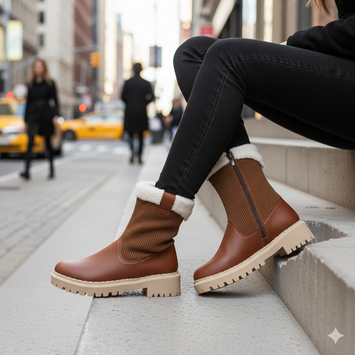 Brown boots with white fur lining worn by a person sitting on a city street.