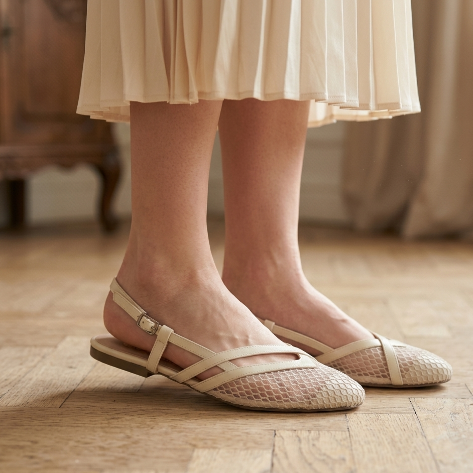 Person wearing beige flat shoes and a matching skirt on a wooden floor.