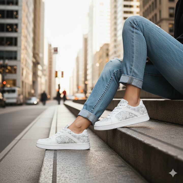 Person wearing white sneakers with glittery details and blue jeans sitting on a city street.