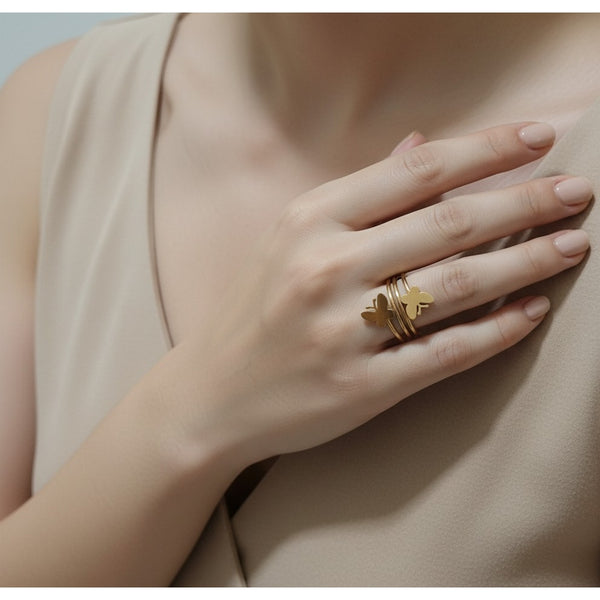 Butterfly Triple-Band Stainless Steel Ring – Gold