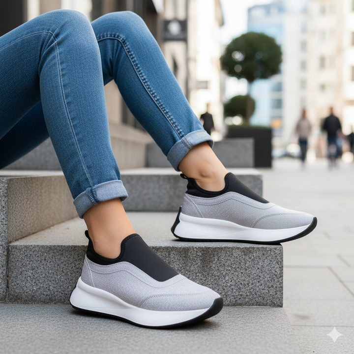 Person wearing gray slip-on sneakers with black accents on a city street.