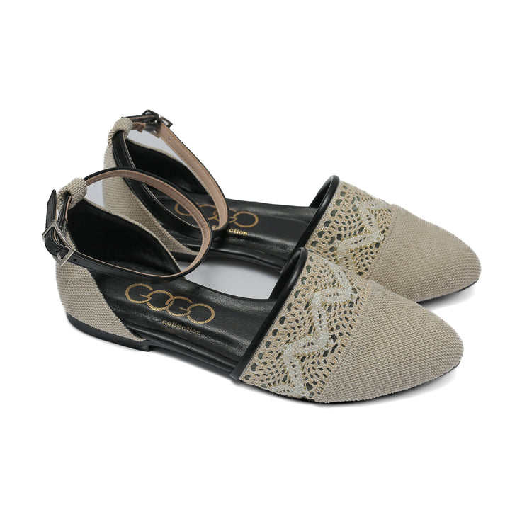 Beige women's flats with lace front and ankle strap
