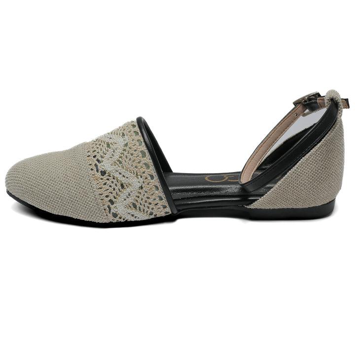 Beige women's flats with lace front and ankle strap