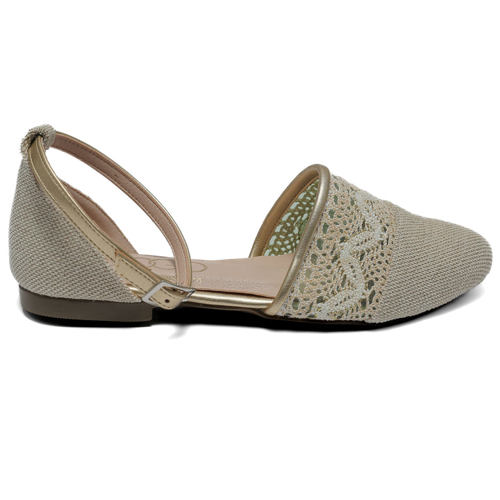 beige flat shoe with detailed lace and stitched toe