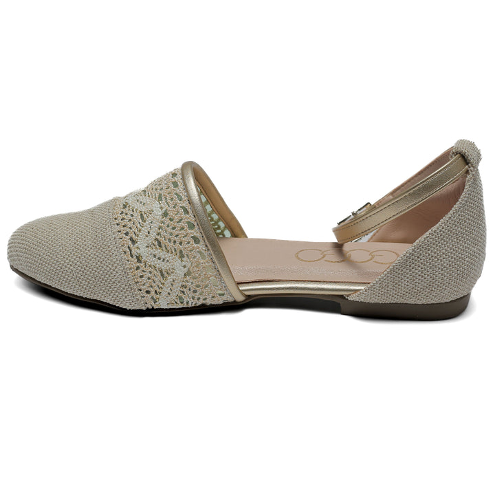 beige flat shoe with detailed lace and stitched toe