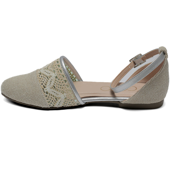beige flat shoe with detailed lace and stitched toe