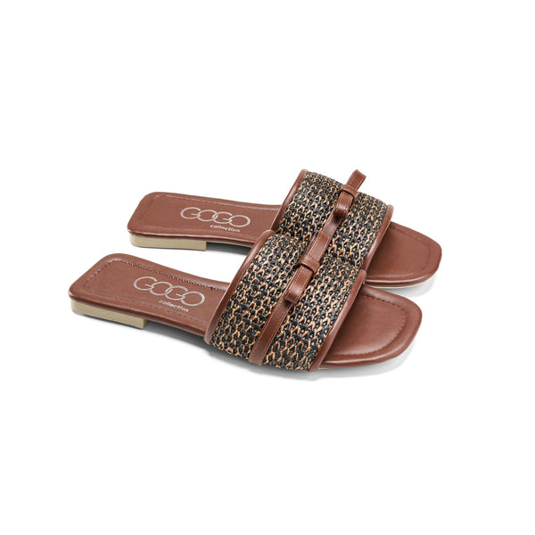 Brown Flat Slides – Woven Wide Strap with Square Toe