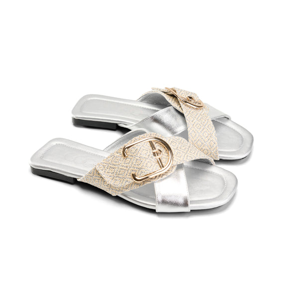 Silver woven cross-strap sandals with a gold buckle